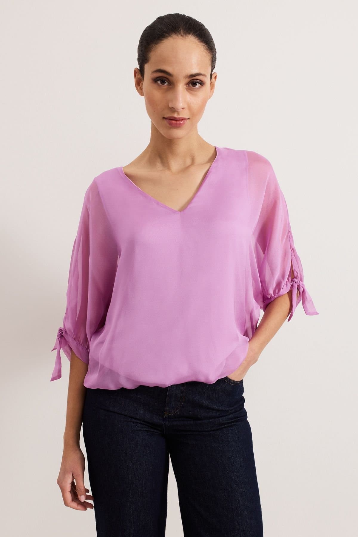 Phase Eight Phase Eight Fuchsia Silk Blouse with Tie Sleeves