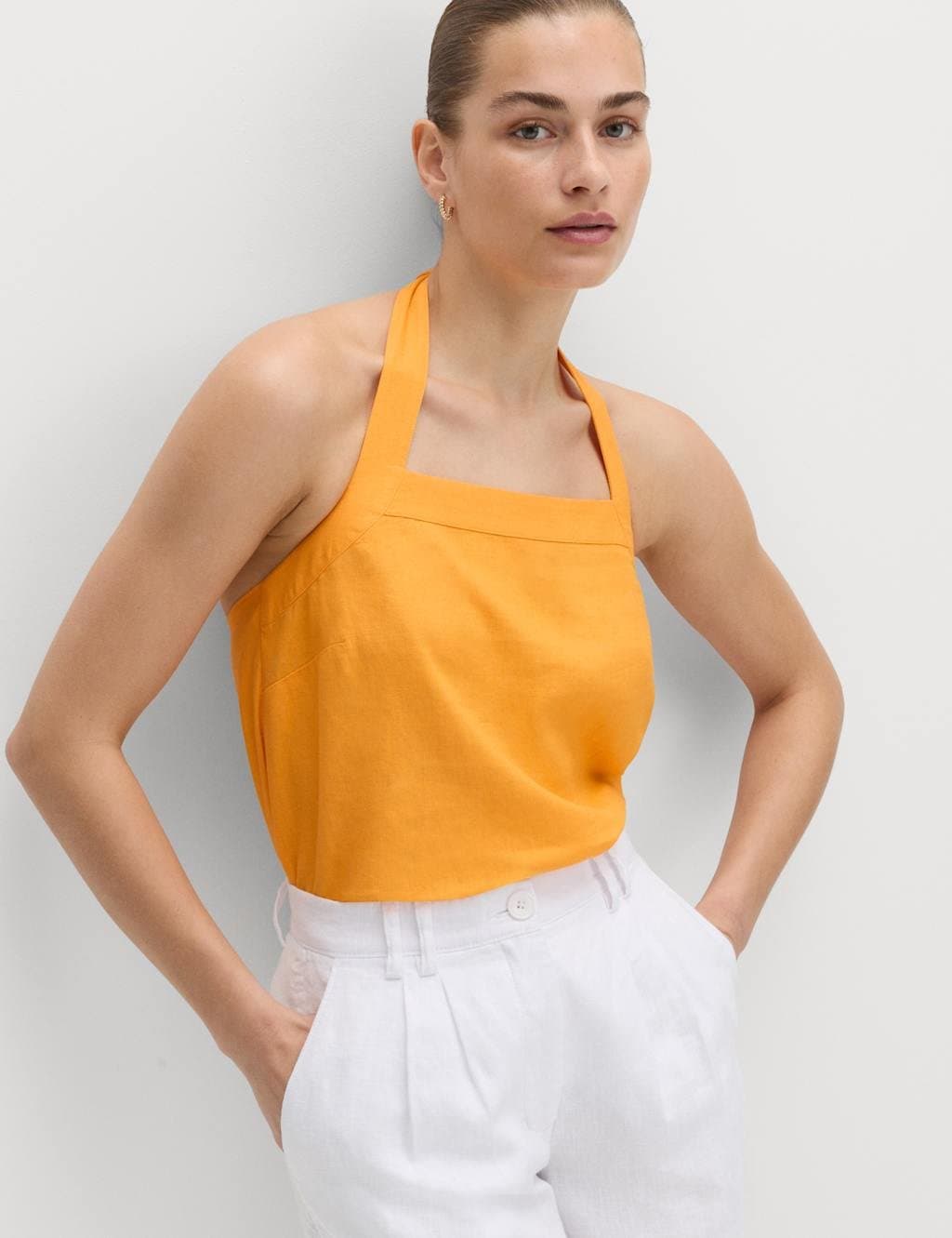 Marks & Spencer M&S Linen Rich Halter Neck Top Mango