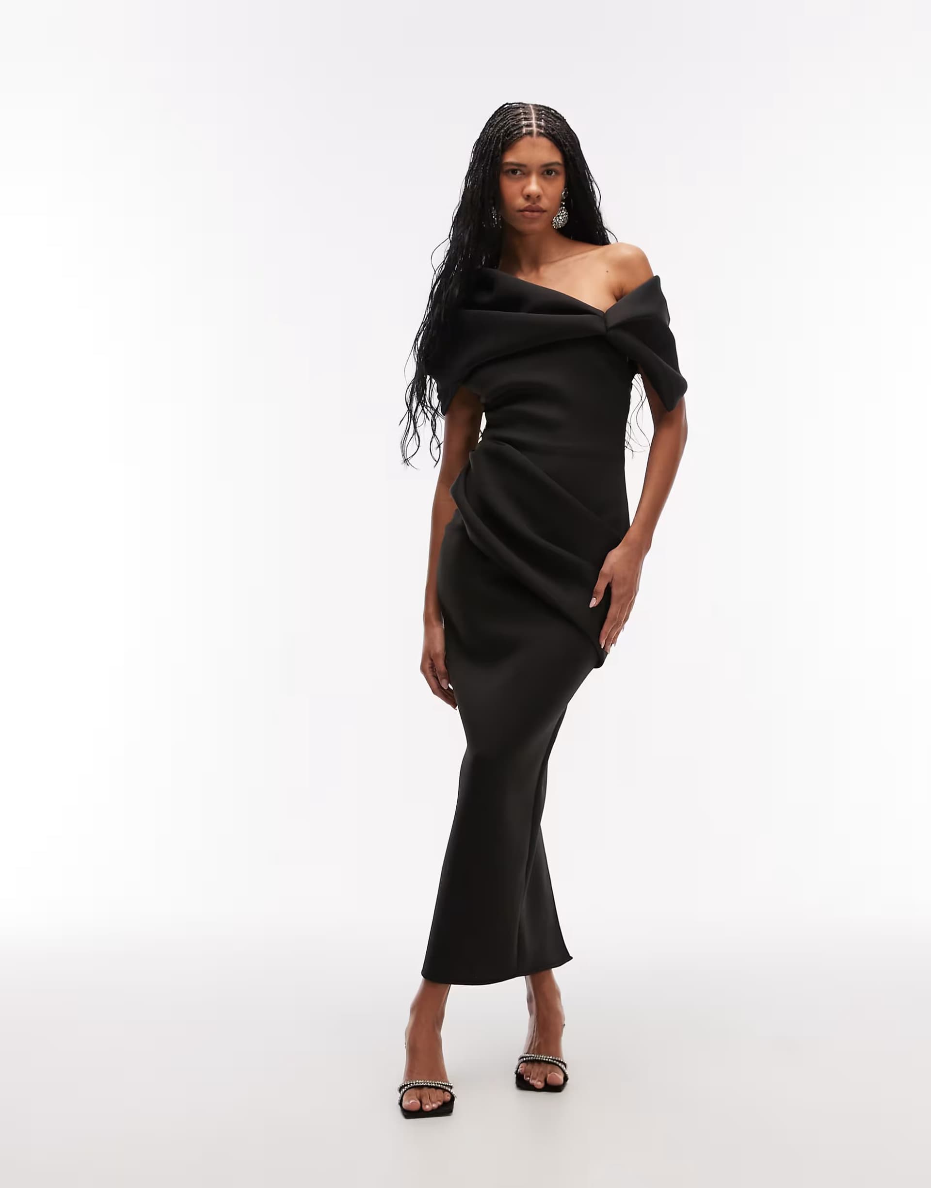 ASOS ASOS DESIGN exaggerated bardot midi dress in black scuba-style fabric