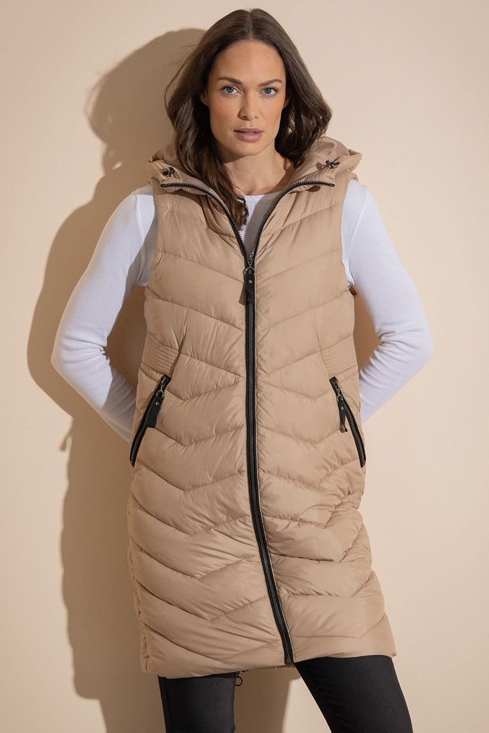 klass Klass. Women's Hooded Longline Gilet in Camel