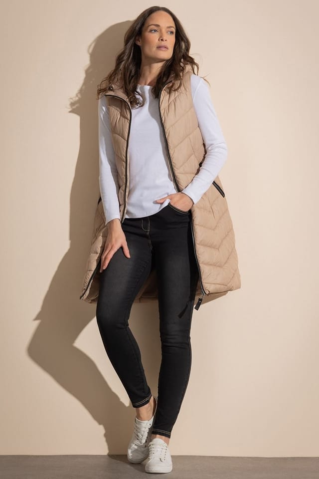 klass Klass. Women's Hooded Longline Gilet in Camel - 2