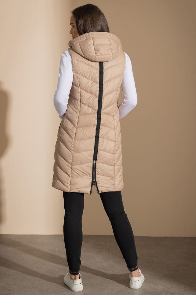 klass Klass. Women's Hooded Longline Gilet in Camel - 3