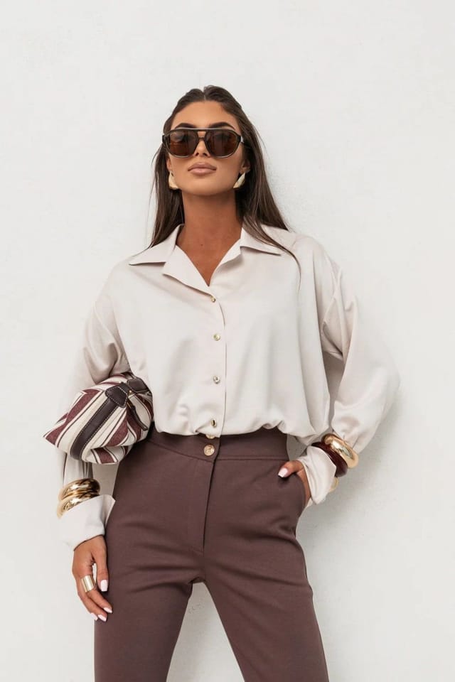 Love Lace Love Lace Women's Satin Long Sleeve Shirt MADDIE in Beige - 3