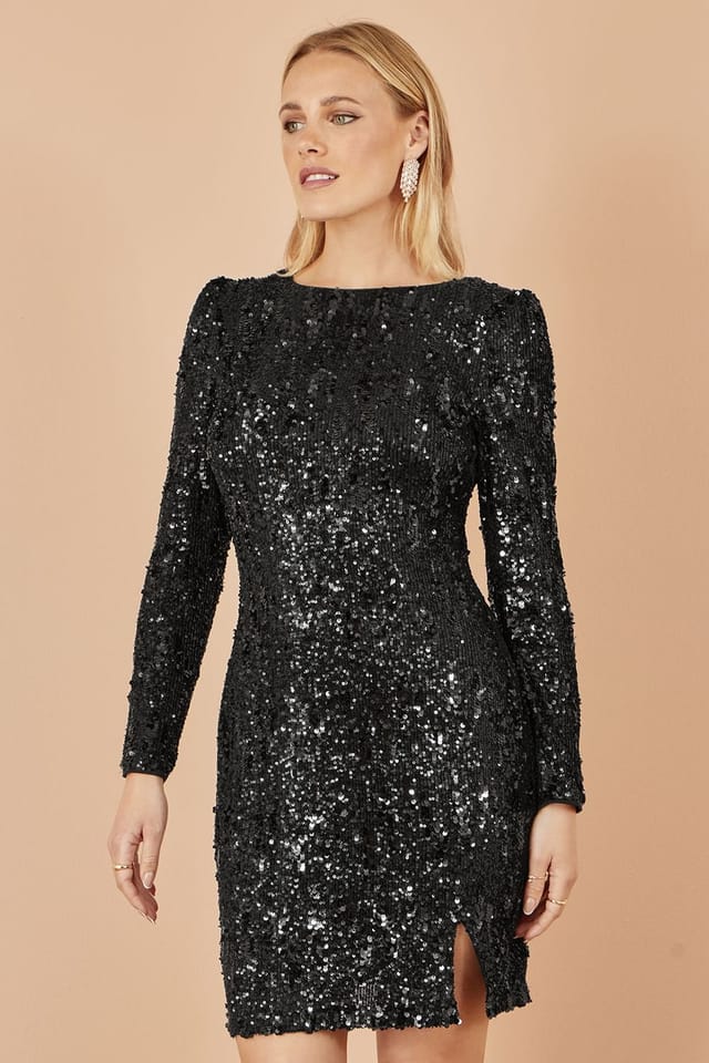 Yumi Yumi Women's Black Sequin Long Sleeve Fitted Dress - 2