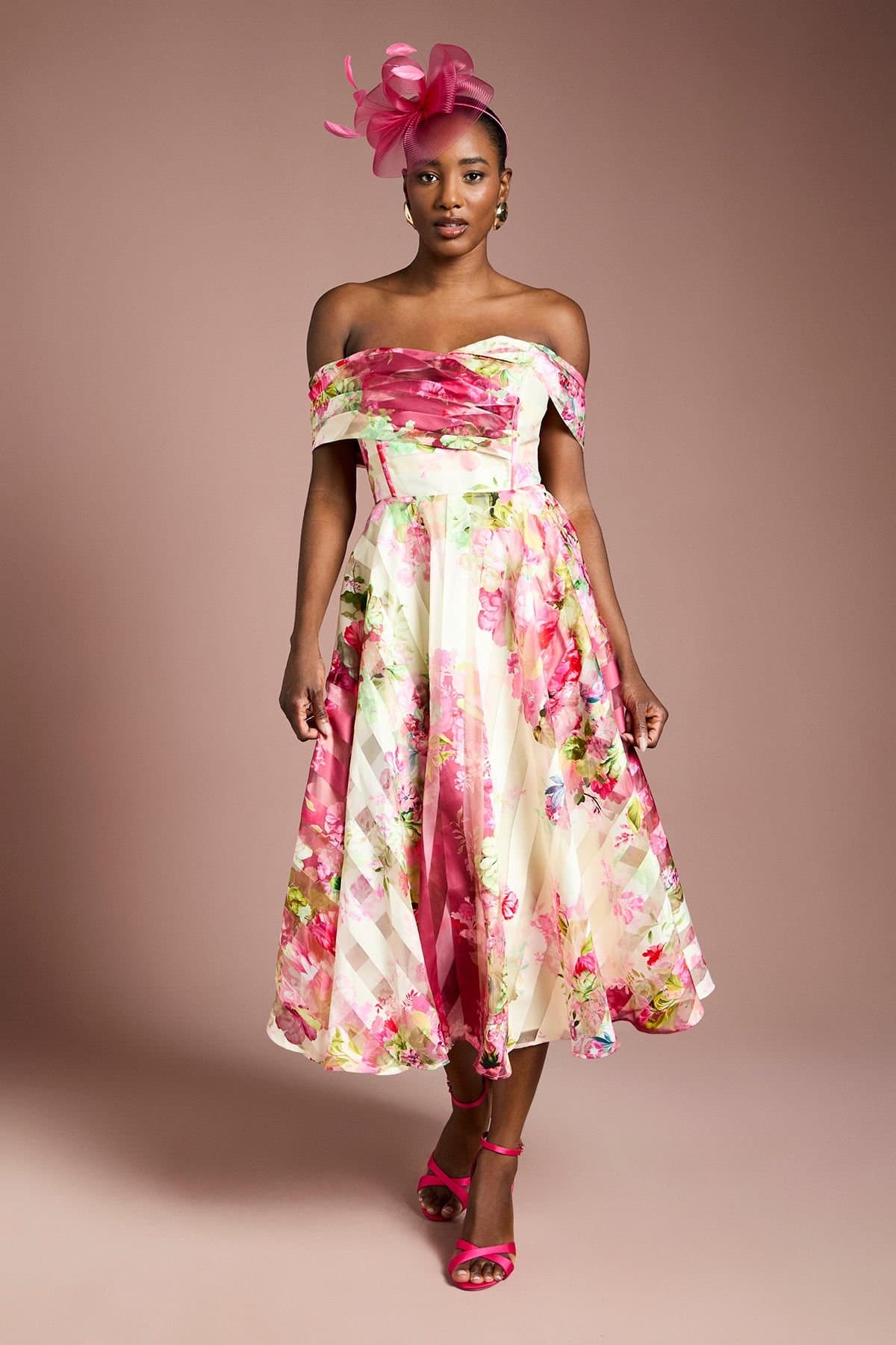 Coast Coast Women's Stripe Organza Pleat Top Midi Dress in Ivory