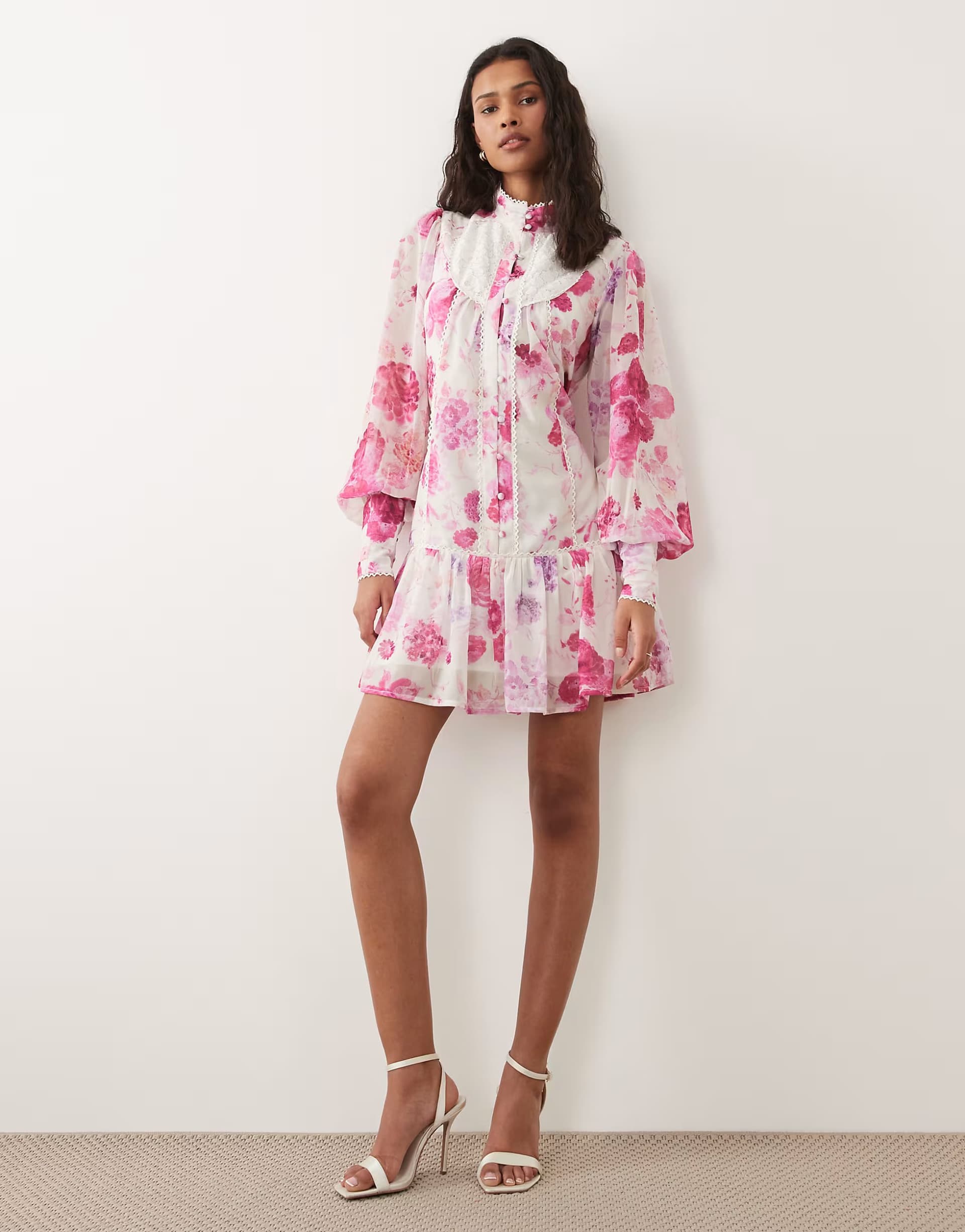 ASOS Hope & Ivy chiffon high neck balloon sleeve dropped waist mini dress in pink floral