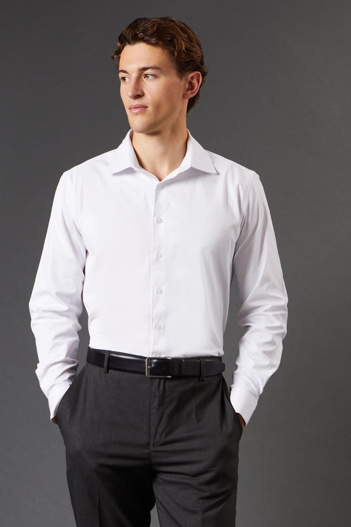 Burton Burton Men's White Easy Iron Oxford Slim Fit Long Sleeve Shirt