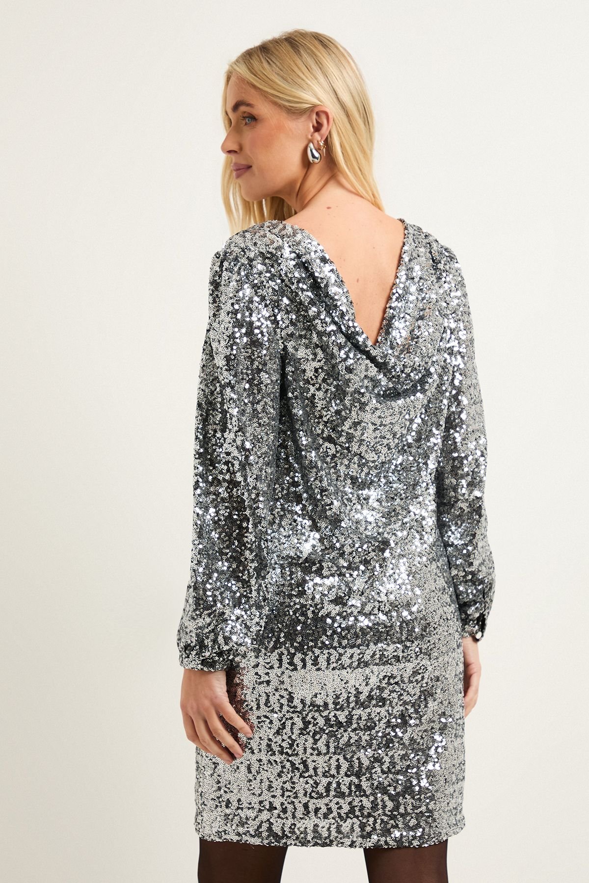 Wallis Wallis Women's Petite Square Sequin Cowl Shift Dress in Silver - 3