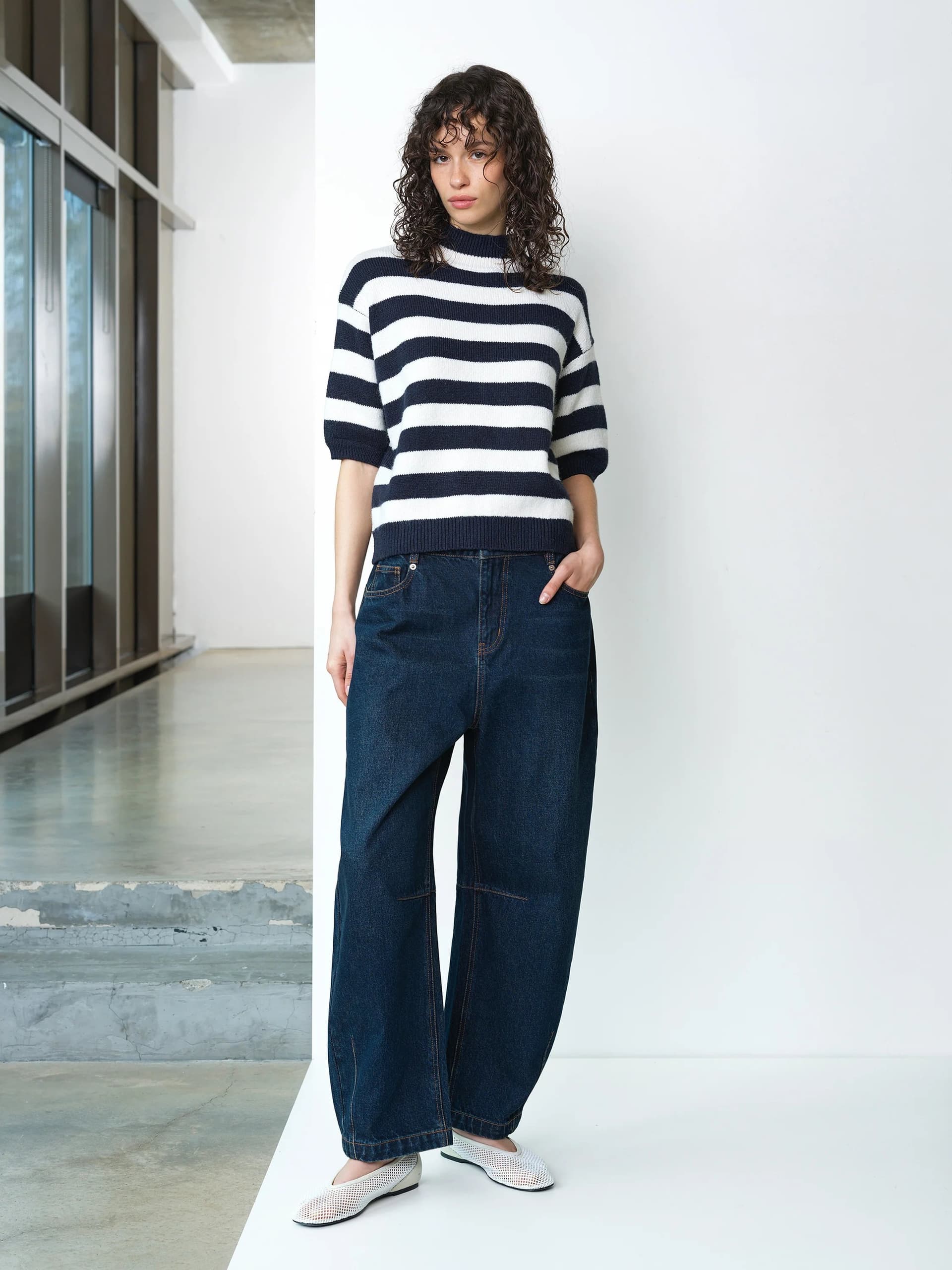 French Connection Larisa Knit Short Sleeve Striped Jumper Navy Dark Blue/Porcelain Cream