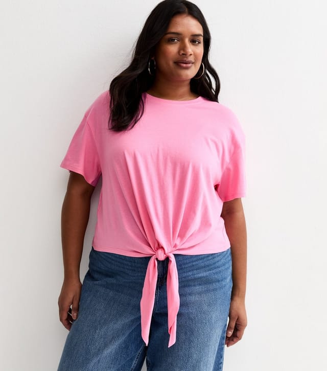New Look Women's Plus Size Bright Pink Tie Front T-Shirt Curves New Look - 3