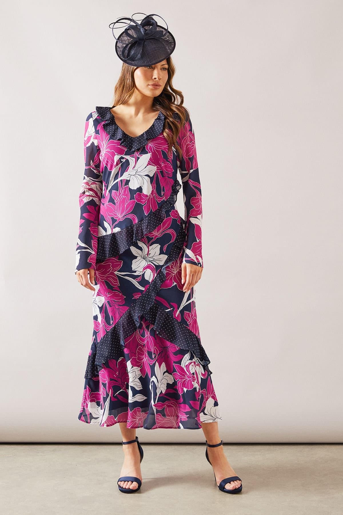 Wallis Wallis Women's Floral Mixed Print Ruffle Midi Dress in Navy