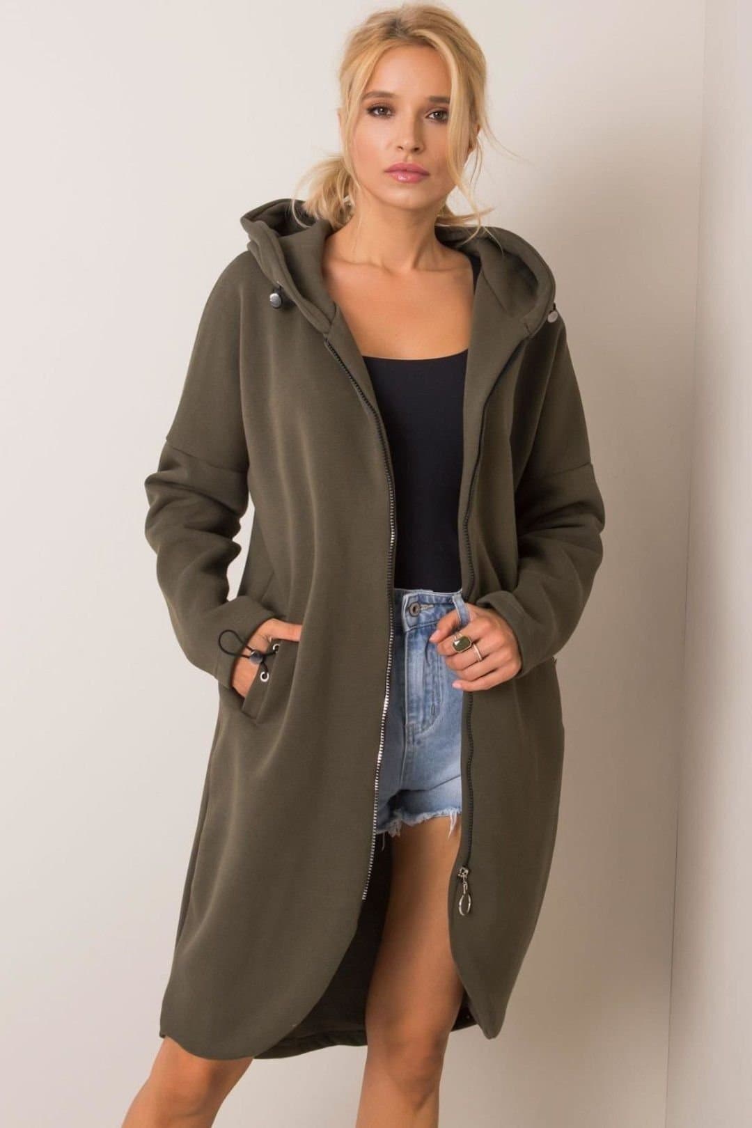 Love Lace Love Lace Women's Extended Cut Zip Hoodie Sweatshirt Pockets Style 168766 in Olive