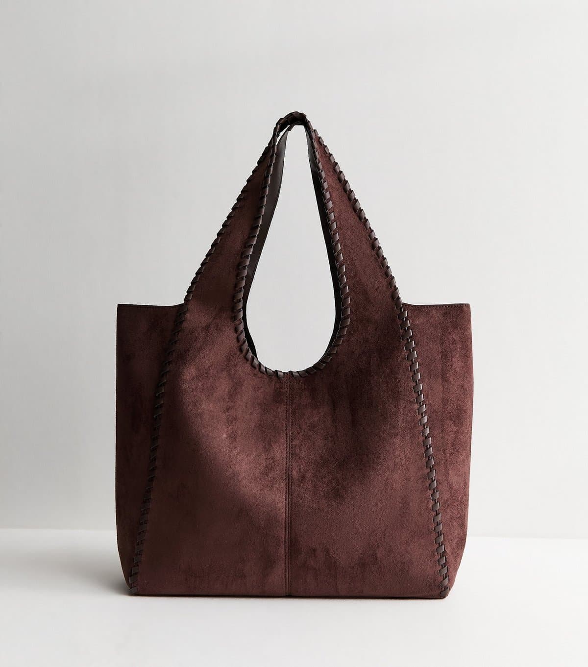 New Look Dark Brown Faux Suede Braided Trim Tote Bag New Look