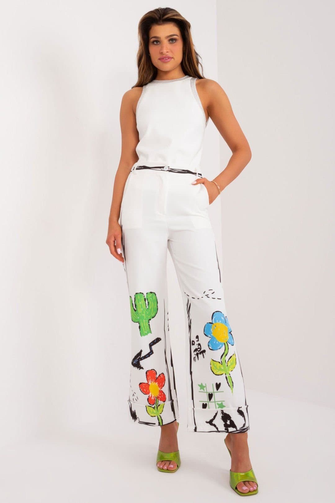 Love Lace Love Lace Women's High Waist Wide Leg Printed Trousers in White