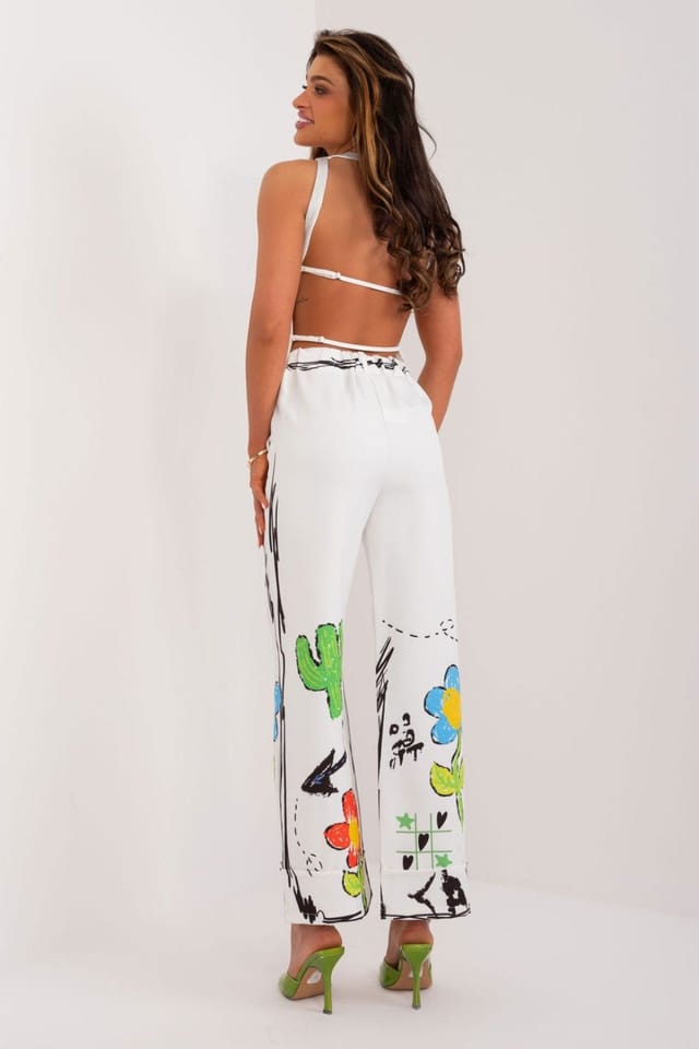 Love Lace Love Lace Women's High Waist Wide Leg Printed Trousers in White - 3