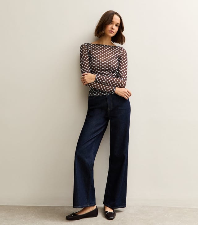 New Look Women's Brown Polka Dot Long Sleeve Slash Neck Sheer Top New Look - 3