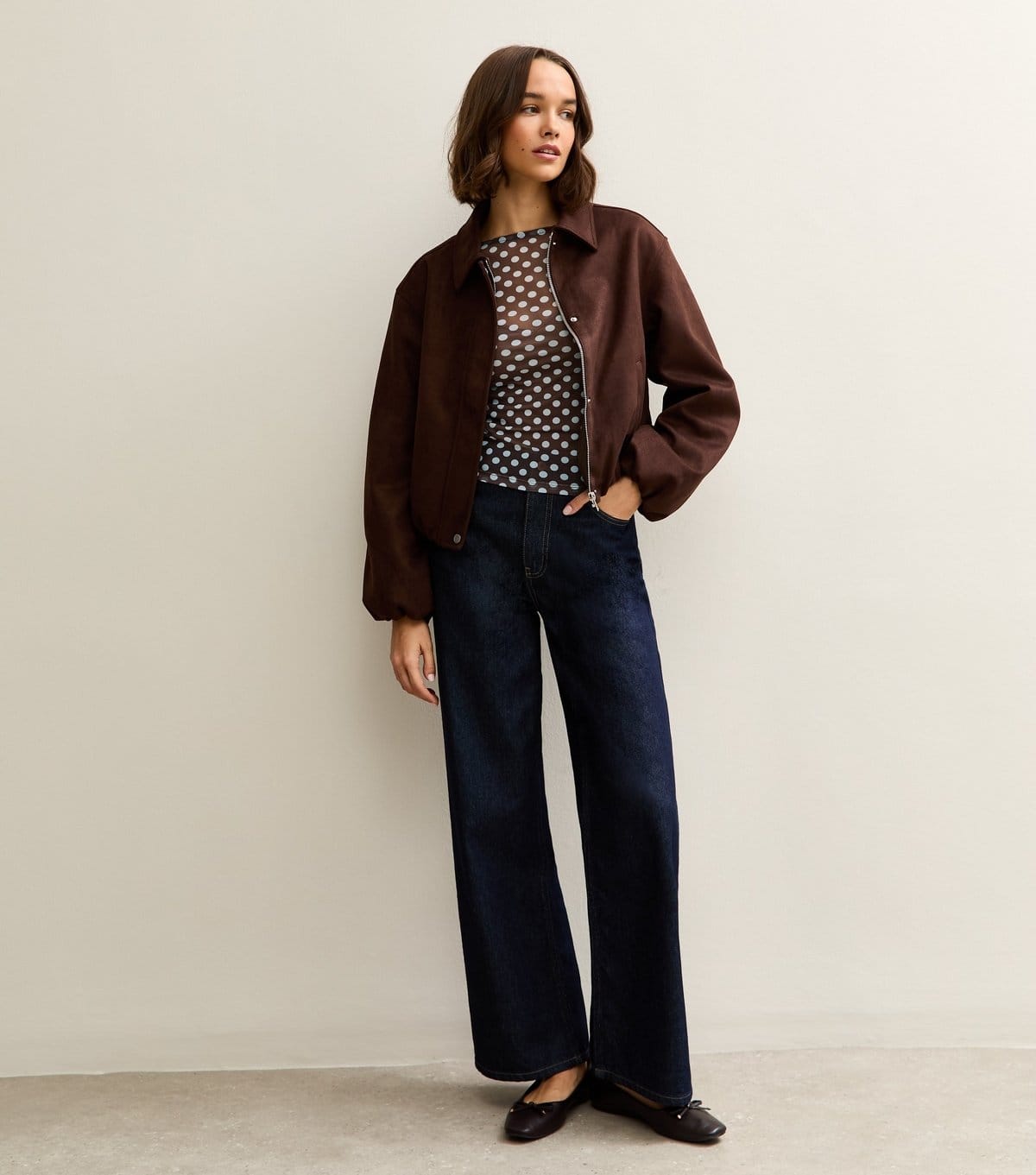 New Look Women's Brown Polka Dot Long Sleeve Slash Neck Sheer Top New Look - 4