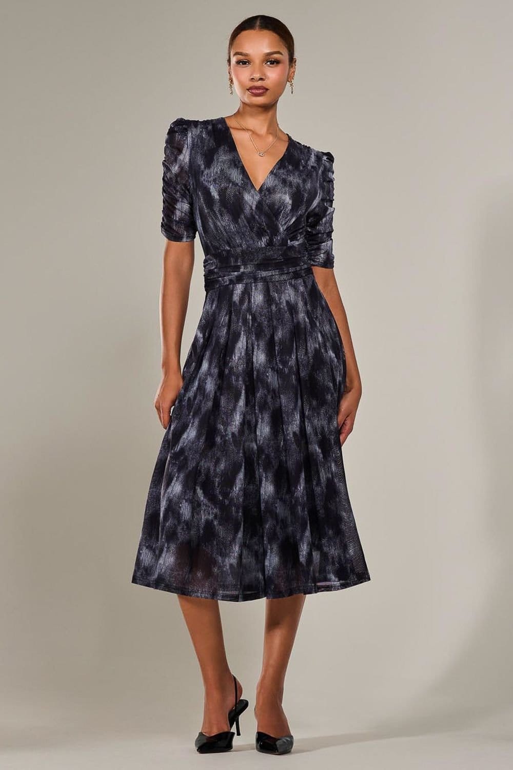 Jolie Moi Dark Grey Ruched Sleeve Mesh Maxi Dress