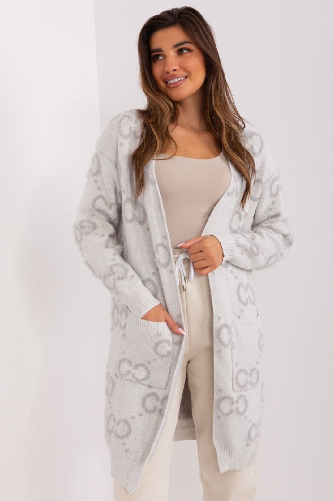 Love Lace Love Lace Women's Printed Pocket Long Sleeve Knee Length Cardigan in Grey