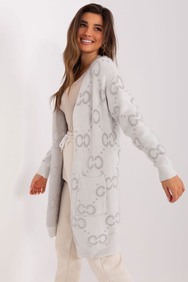 Love Lace Love Lace Women's Printed Pocket Long Sleeve Knee Length Cardigan in Grey - 2