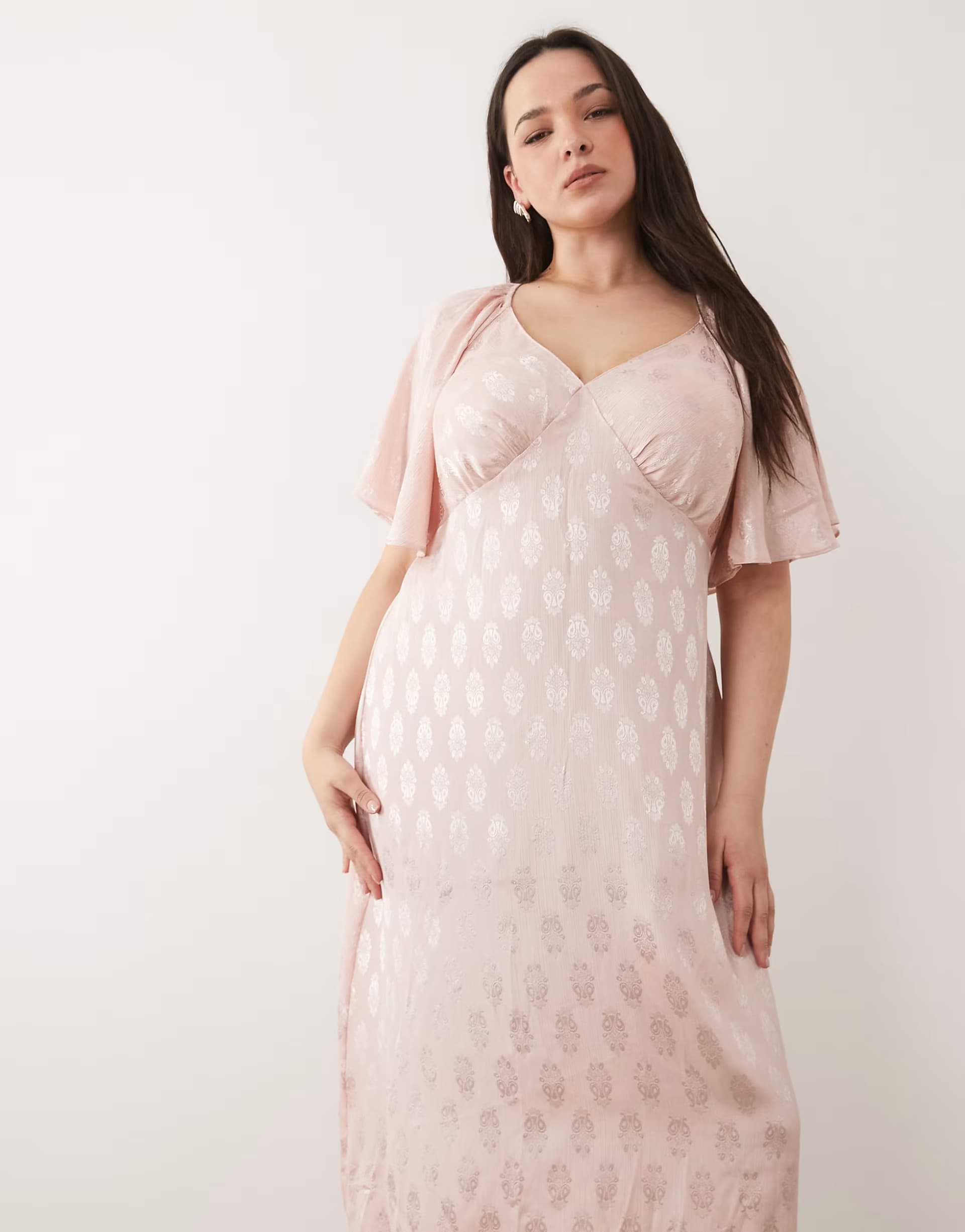 ASOS New Look Curve paisley jacquard flutter sleeve midi dress in pink
