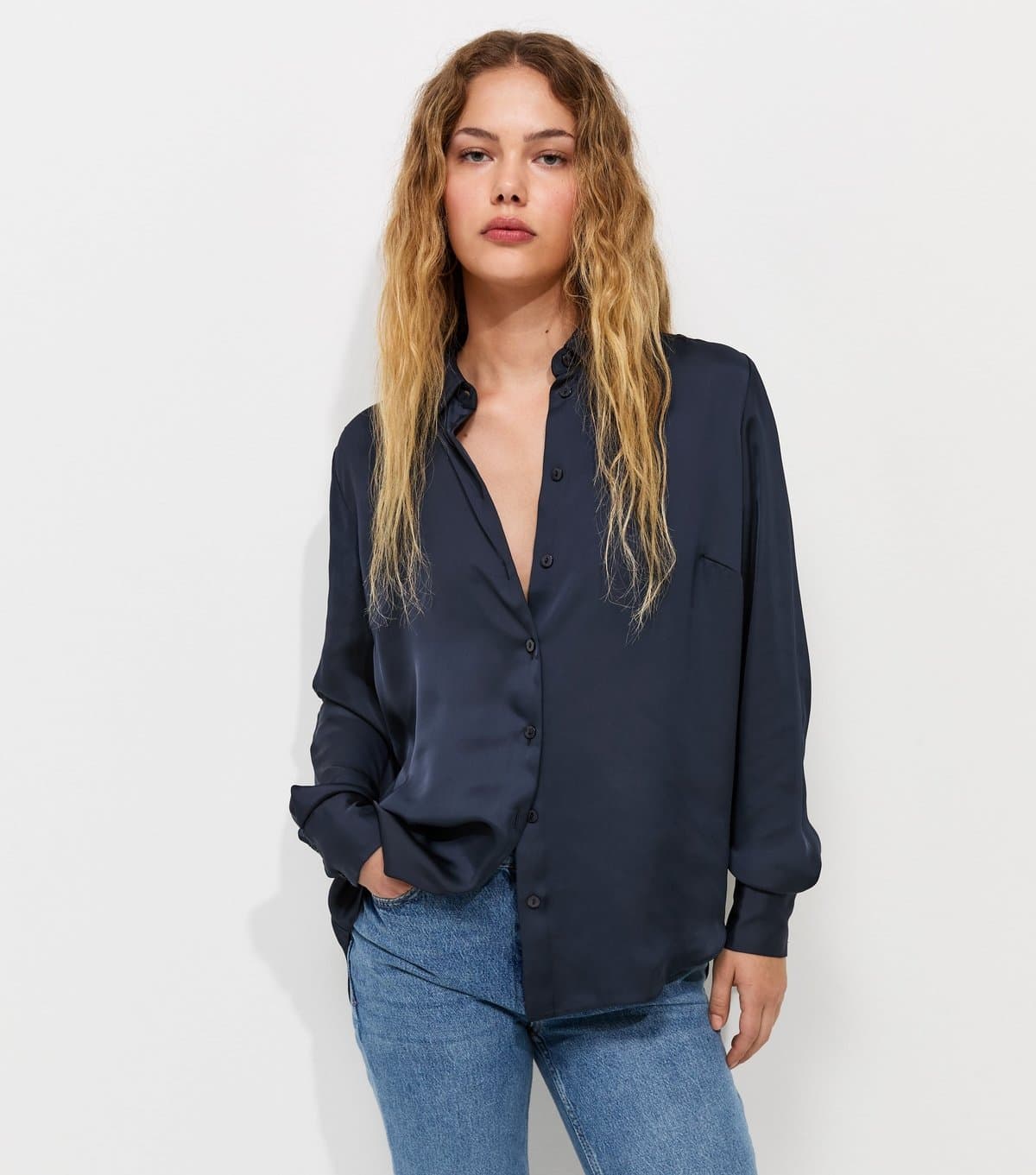 New Look Women's Navy Satin Long Sleeve Shirt New Look