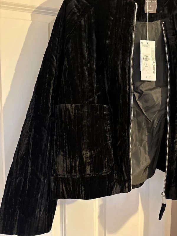 Primark Black , Velvet Look , bomber , jacket / coat ,shorter look  , Large , 16/18 , New ,