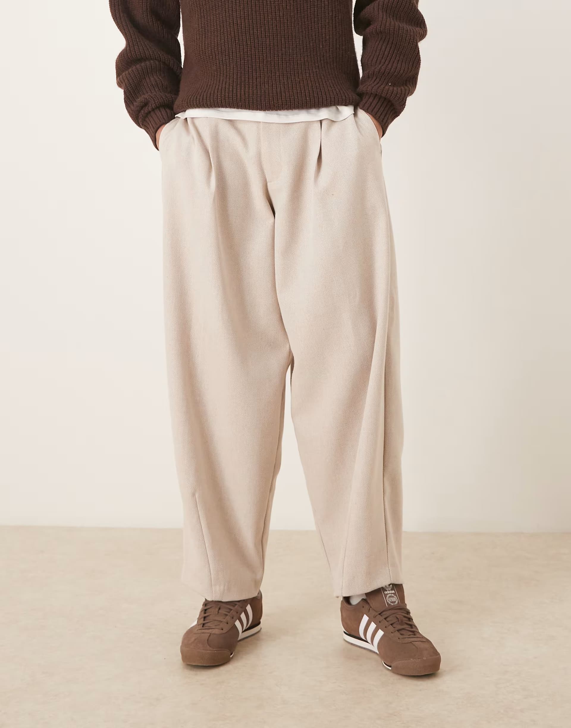 ASOS ASOS DESIGN smart wide barrel leg pleated trouser with exposed button in stone wool