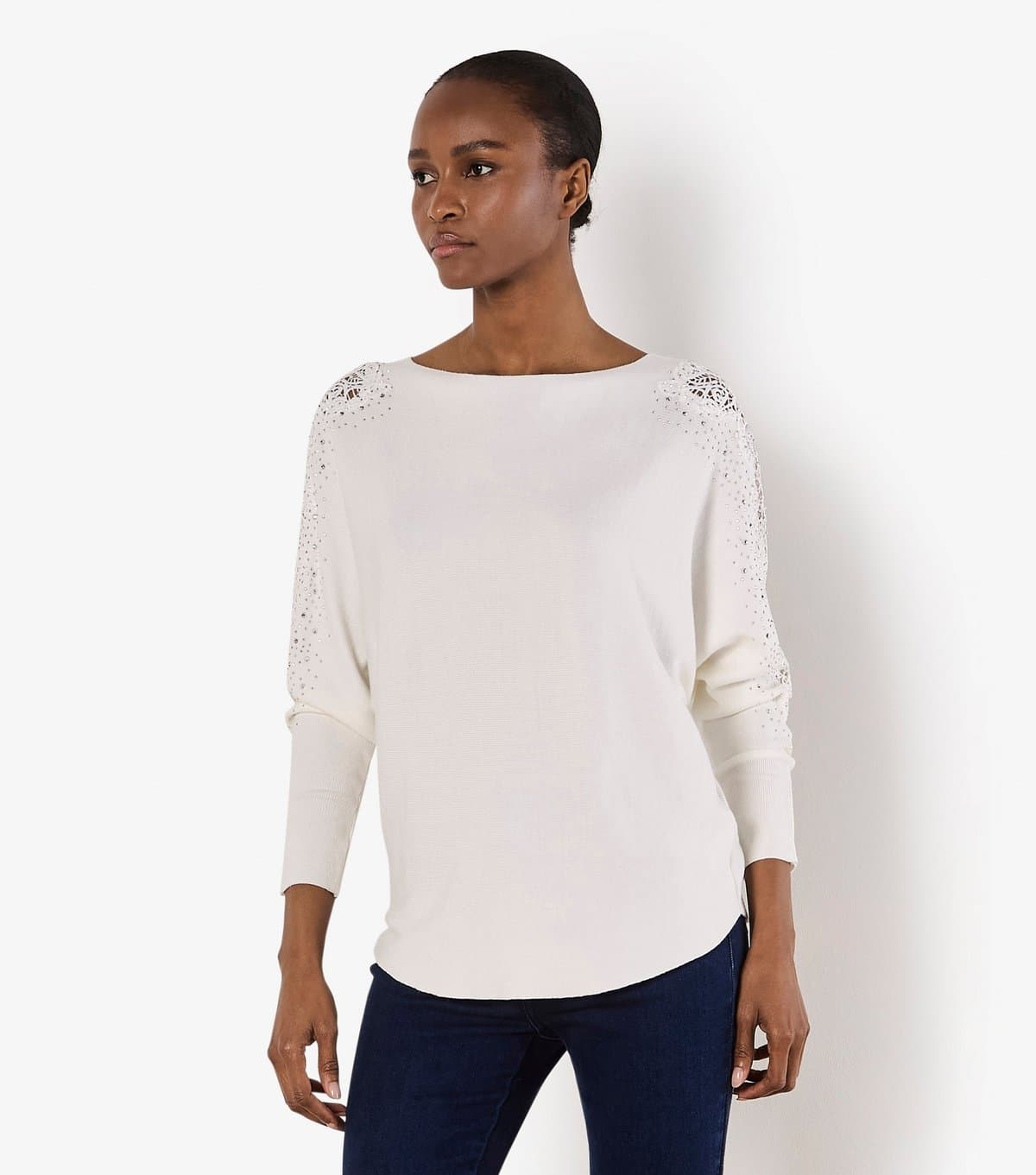 Apricot Women's White Lace Stud Arm Batwing Jumper Apricot New Look