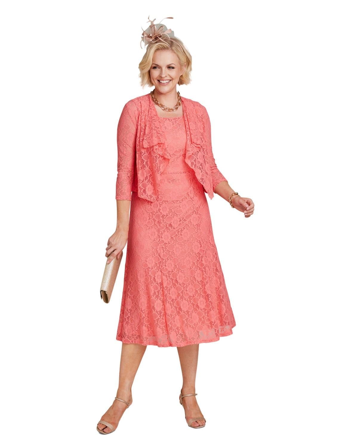 Amber Amber Women's Elegant Lace Dress & Jacket Set Sleeveless Fit in Coral