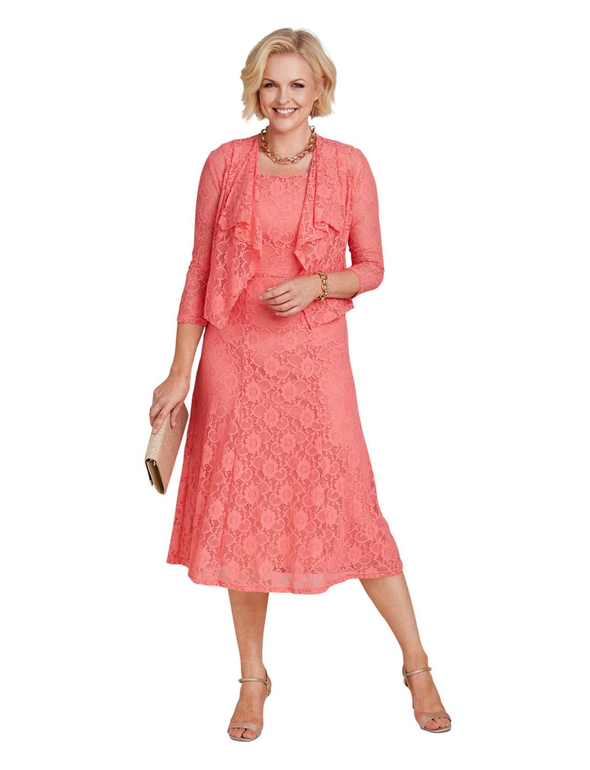 Amber Amber Women's Elegant Lace Dress & Jacket Set Sleeveless Fit in Coral - 2