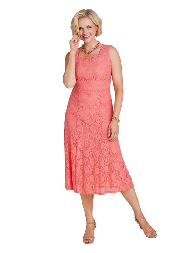 Amber Amber Women's Elegant Lace Dress & Jacket Set Sleeveless Fit in Coral - 3