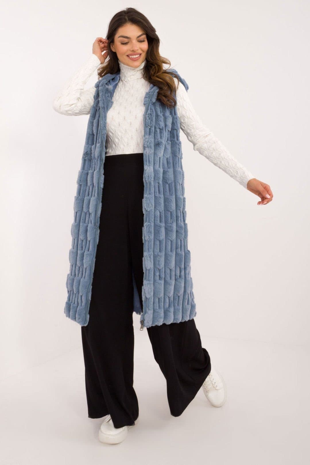 Love Lace Love Lace Women's Elegant Hooded Faux Fur Vest with Zip Pockets in Blue
