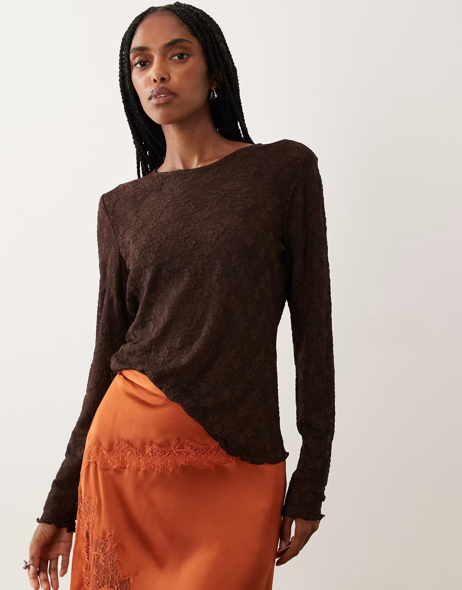 ASOS Vila Chocolate Brown Floral Mesh Long Sleeve Top