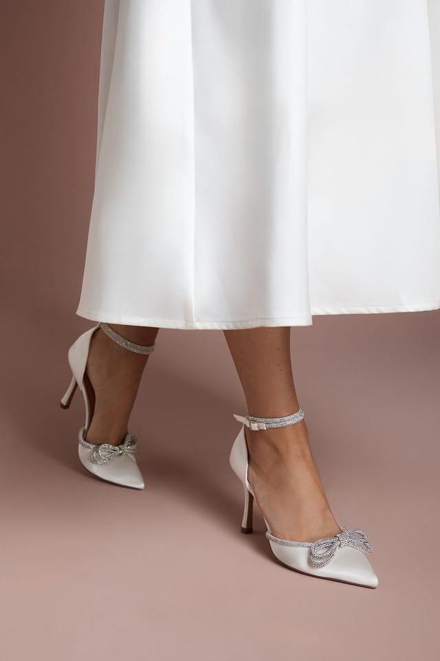 Coast Coast Women's Bridal Krissy Satin Diamante Bow High Stiletto Heel Court Shoes in White - 3
