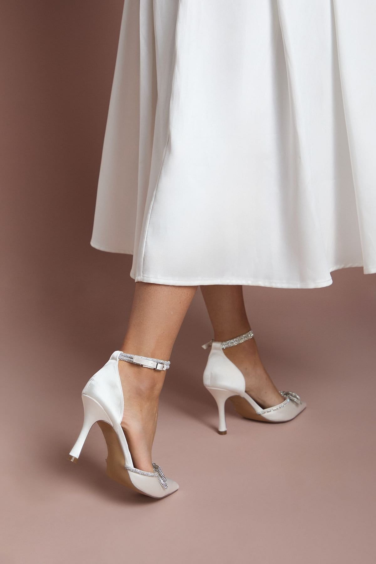 Coast Coast Women's Bridal Krissy Satin Diamante Bow High Stiletto Heel Court Shoes in White - 4