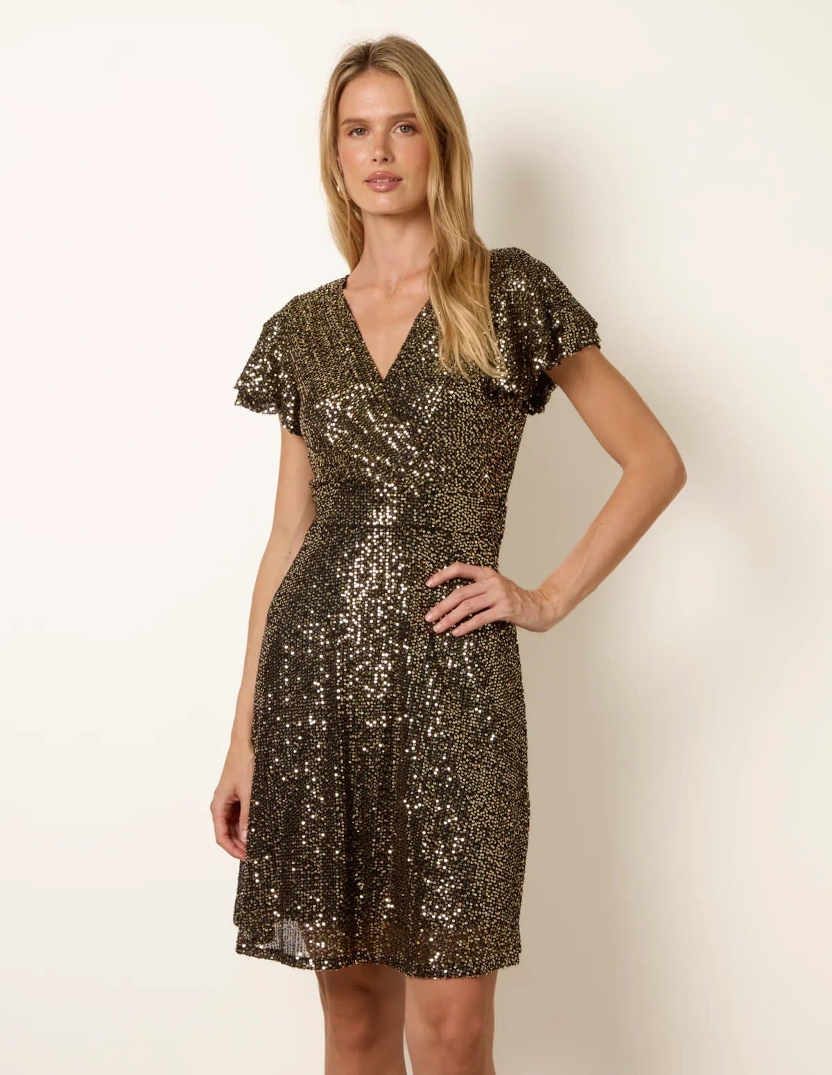 Blue Vanilla Sequin Wrap Double Frill Sleeve Dress