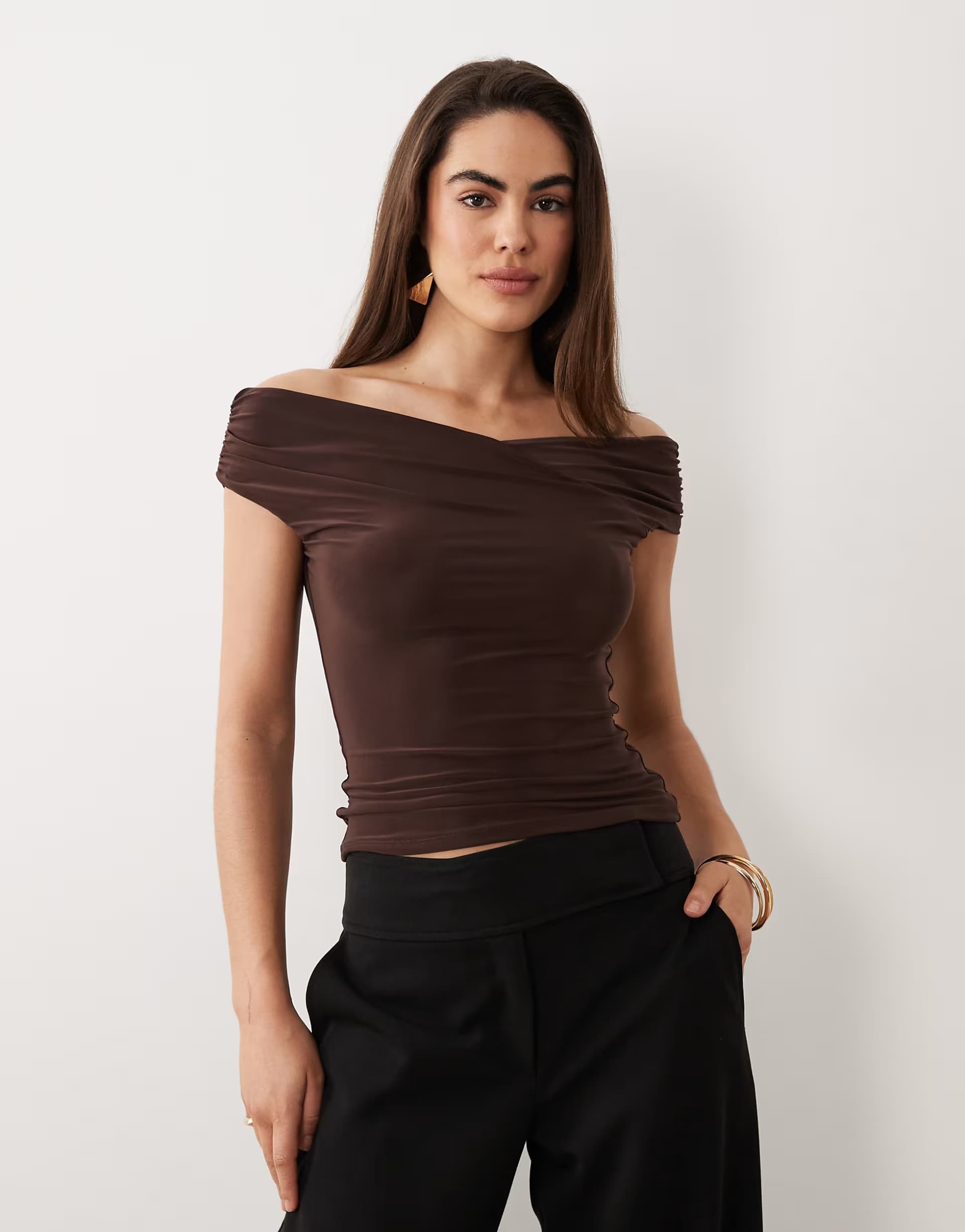 ASOS ASOS DESIGN soft touch ruched shoulder grazer top in chocolate