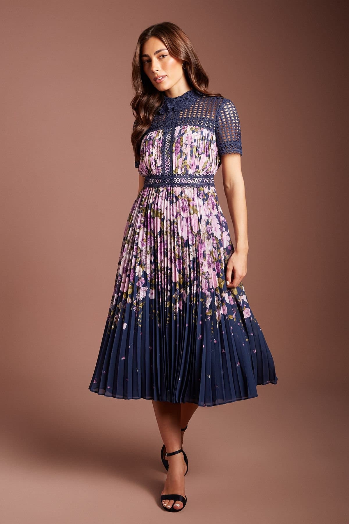 Coast Coast Women's Lisa Tan Lace Pleated Printed Midi Dress in Navy