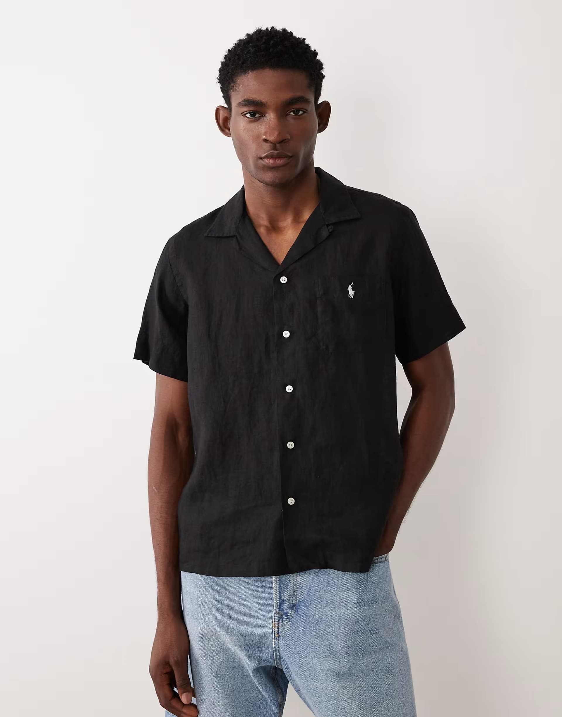 ASOS Polo Ralph Lauren icon logo short sleeve linen shirt in black