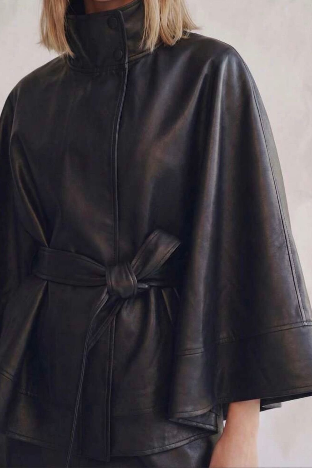 OUTTA BOX OUTTA BOX Women's Belted Stand Collar Oversized PU Leather Cape Coat for Women in Black - 2