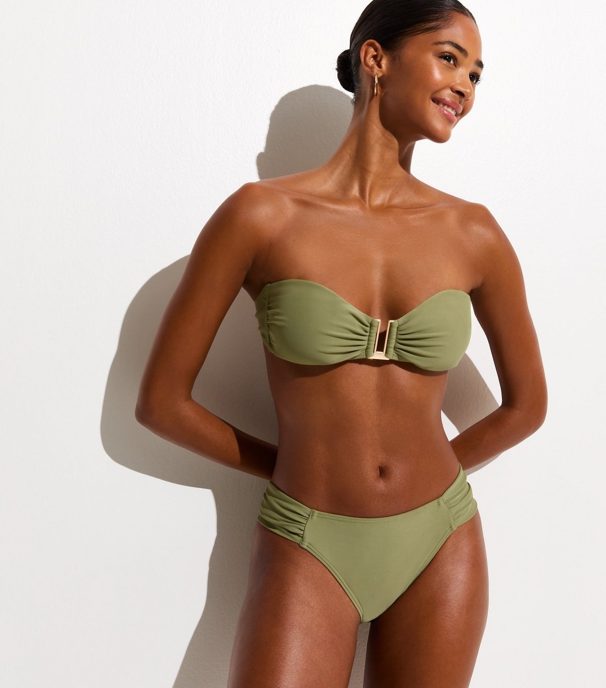 New Look Women's Light Green Ruched Tanga Bikini Bottoms New Look - 1