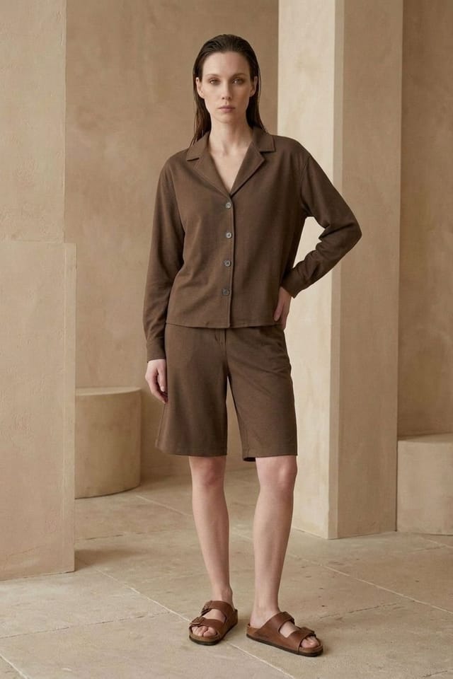 MyFashion MyFashion Women's Cotton Poplin Shirt & Shorts Set in Brown - 2