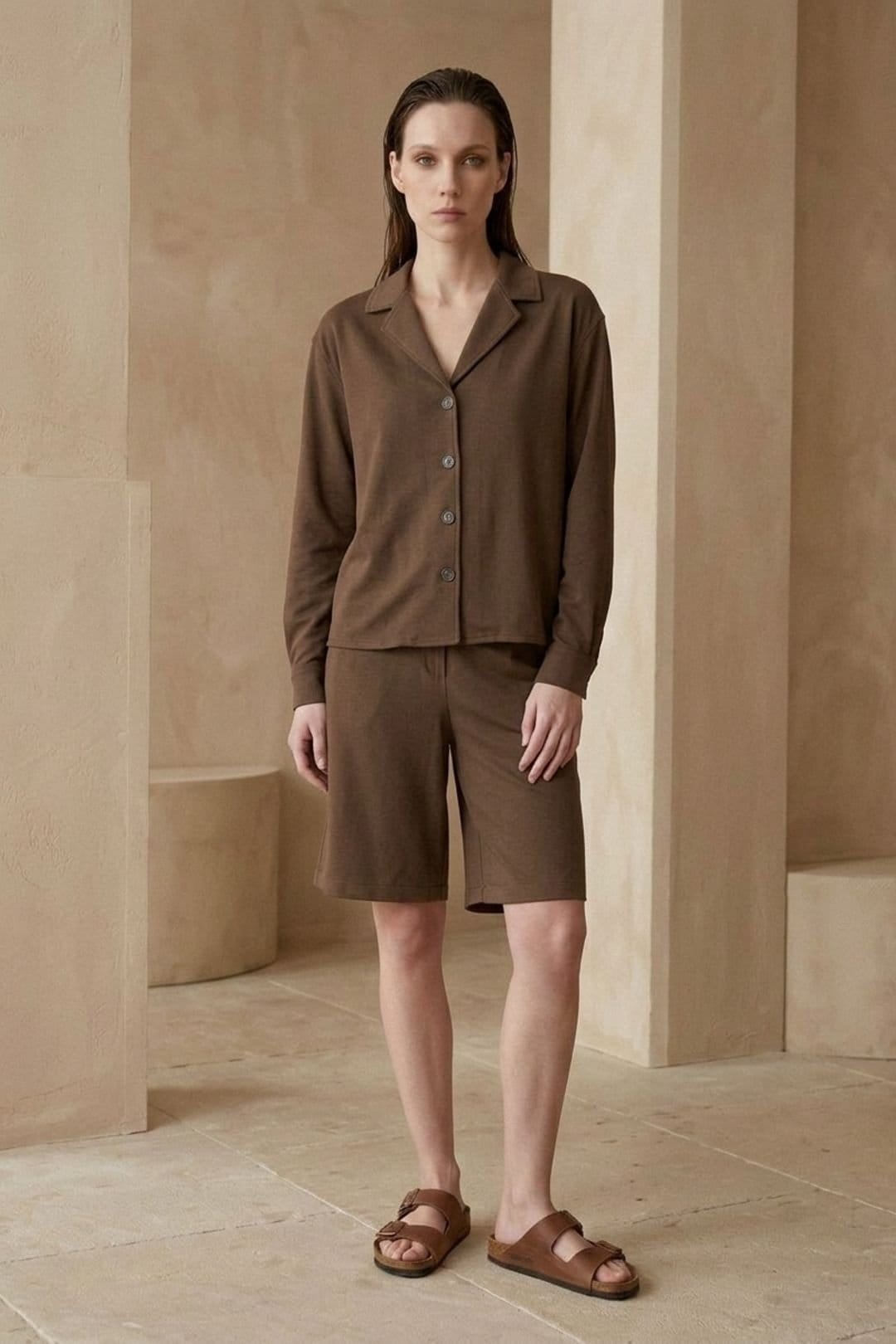MyFashion MyFashion Women's Cotton Poplin Shirt & Shorts Set in Brown - 4