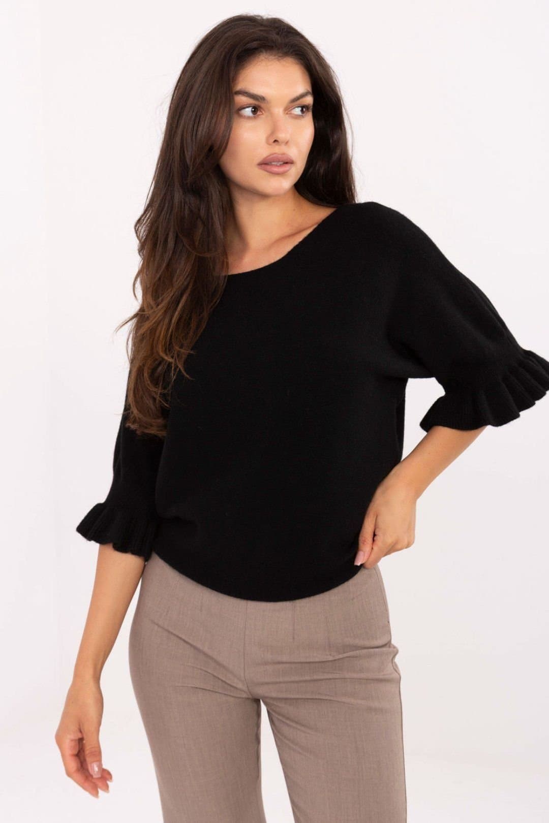 Love Lace Love Lace Women's Elegant Viscose Blend Sweater with Ruffled Sleeves in Black