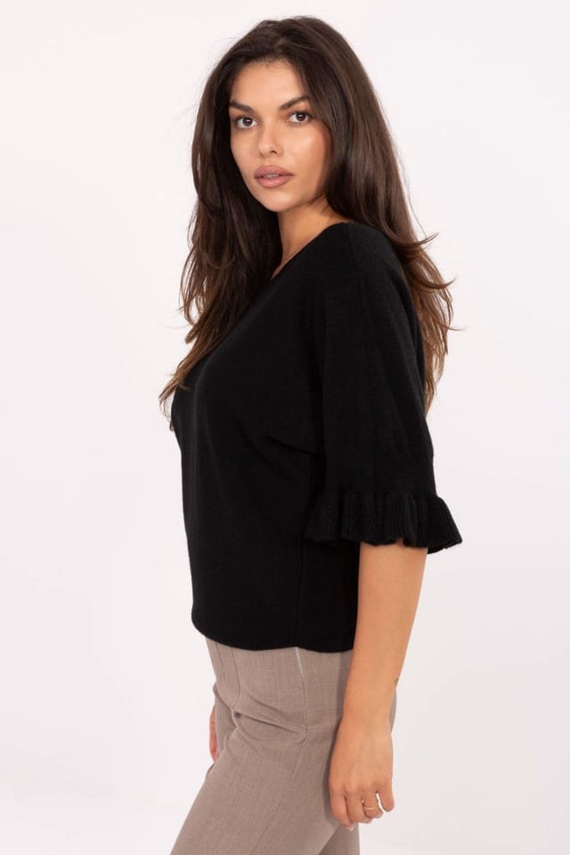 Love Lace Love Lace Women's Elegant Viscose Blend Sweater with Ruffled Sleeves in Black - 2