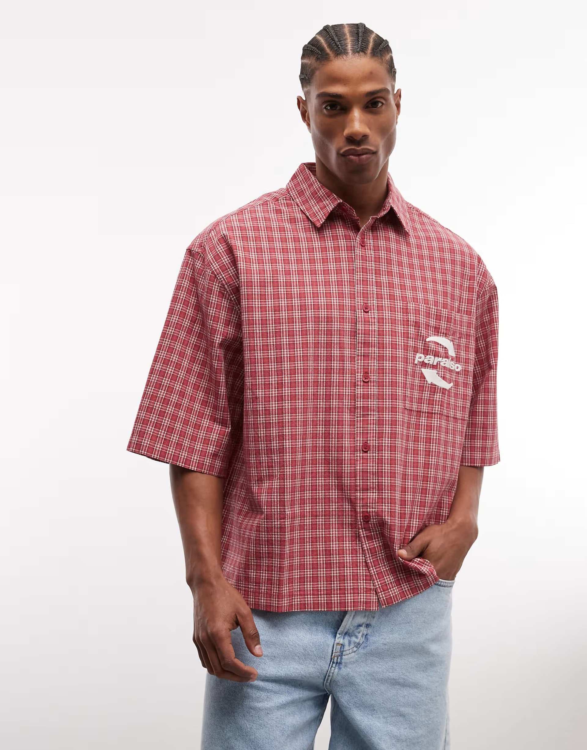 ASOS ASOS DESIGN oversized check shirt with chest embroidery in red
