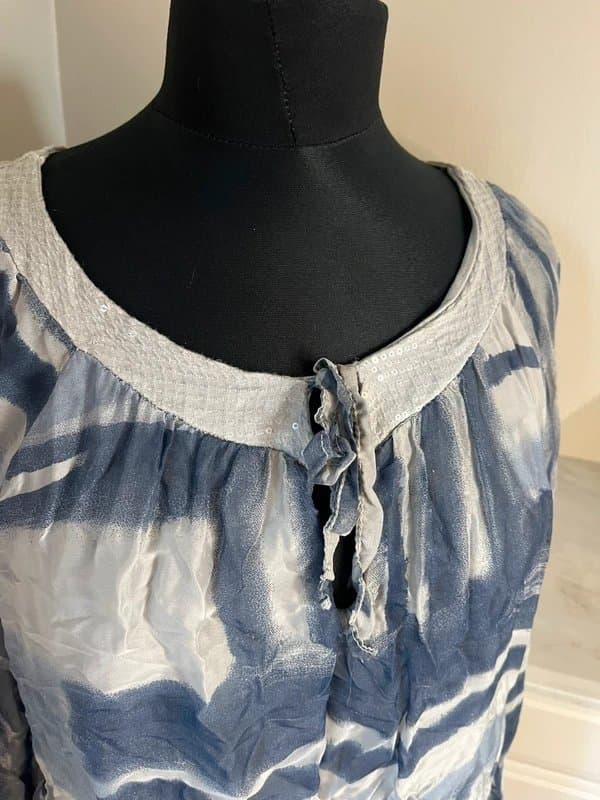 Renée Renee Blue Stripe Pattern Long Sleeve Sequin Tie Blouse Top Size L 14-16