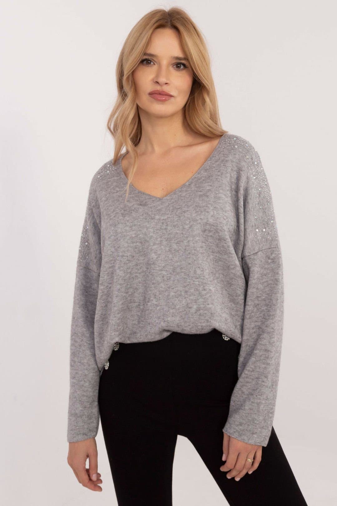 Love Lace Love Lace Grey Viscose-Elastane Rhinestone Shoulder Sweater
