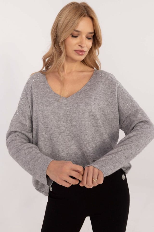 Love Lace Love Lace Women's Elegant Rhinestone Shoulder Viscose Sweater in Grey - 2